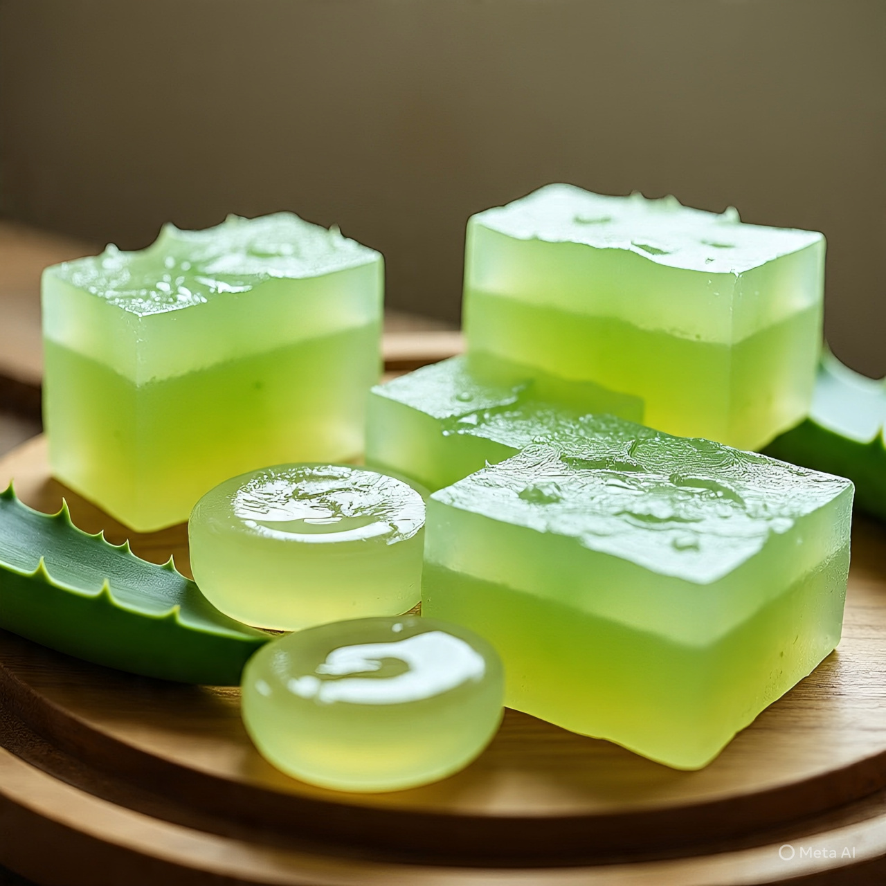 Alt text: Handmade translucent aloe vera soap bars made from fresh aloe gel, placed beside cut aloe leaves, representing natural skin brightening and gentle skincare.
