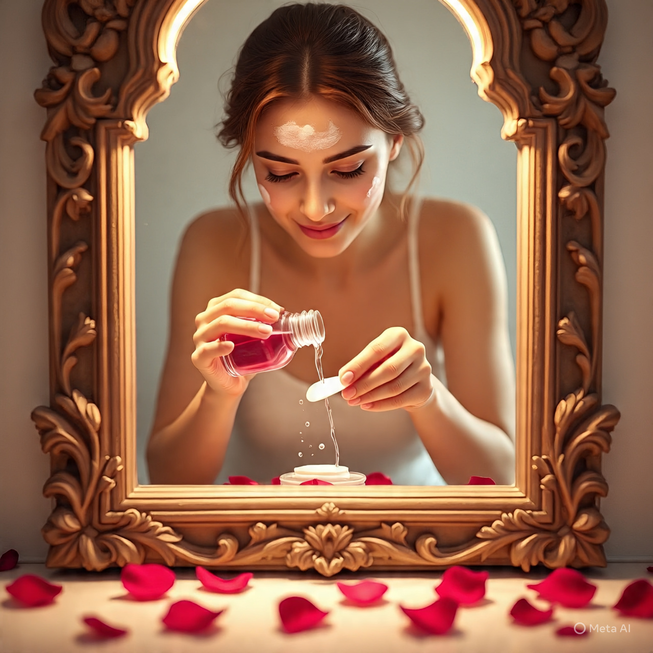 Alt text: A young woman applying rose water for skin glowing, with fresh rose petals and a glass bottle of rose water, showing radiant and hydrated skin.
