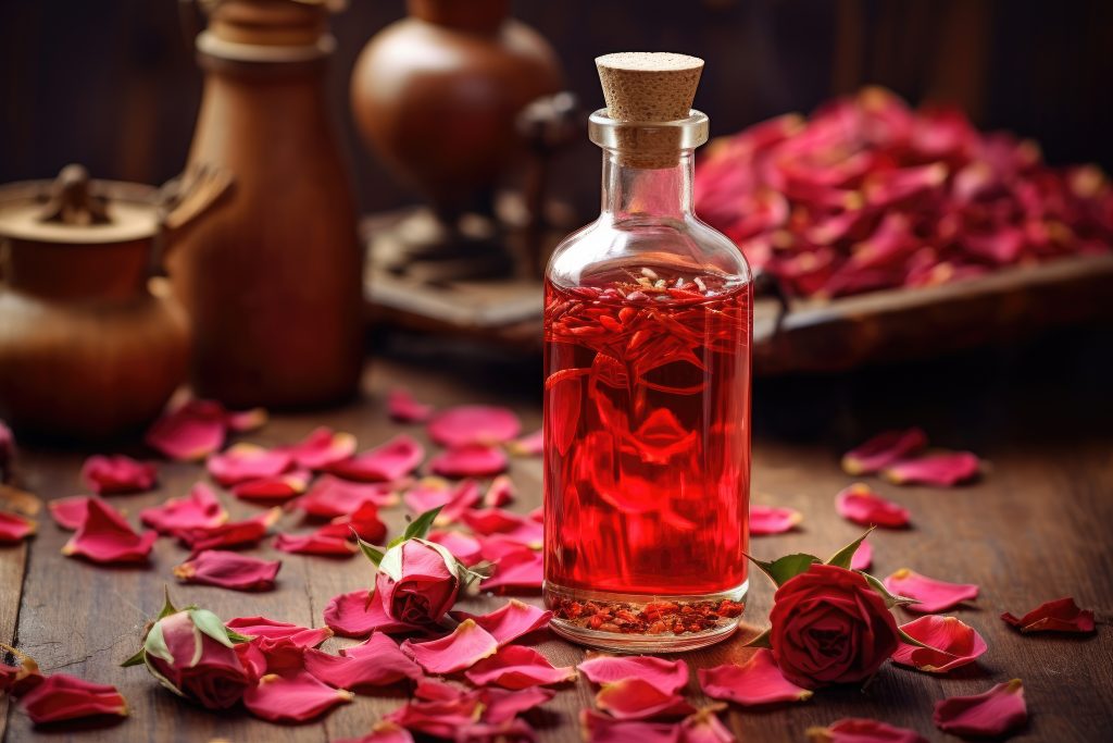 "Elegant rose water perfume bottle from a homemade summer perfume collection"

