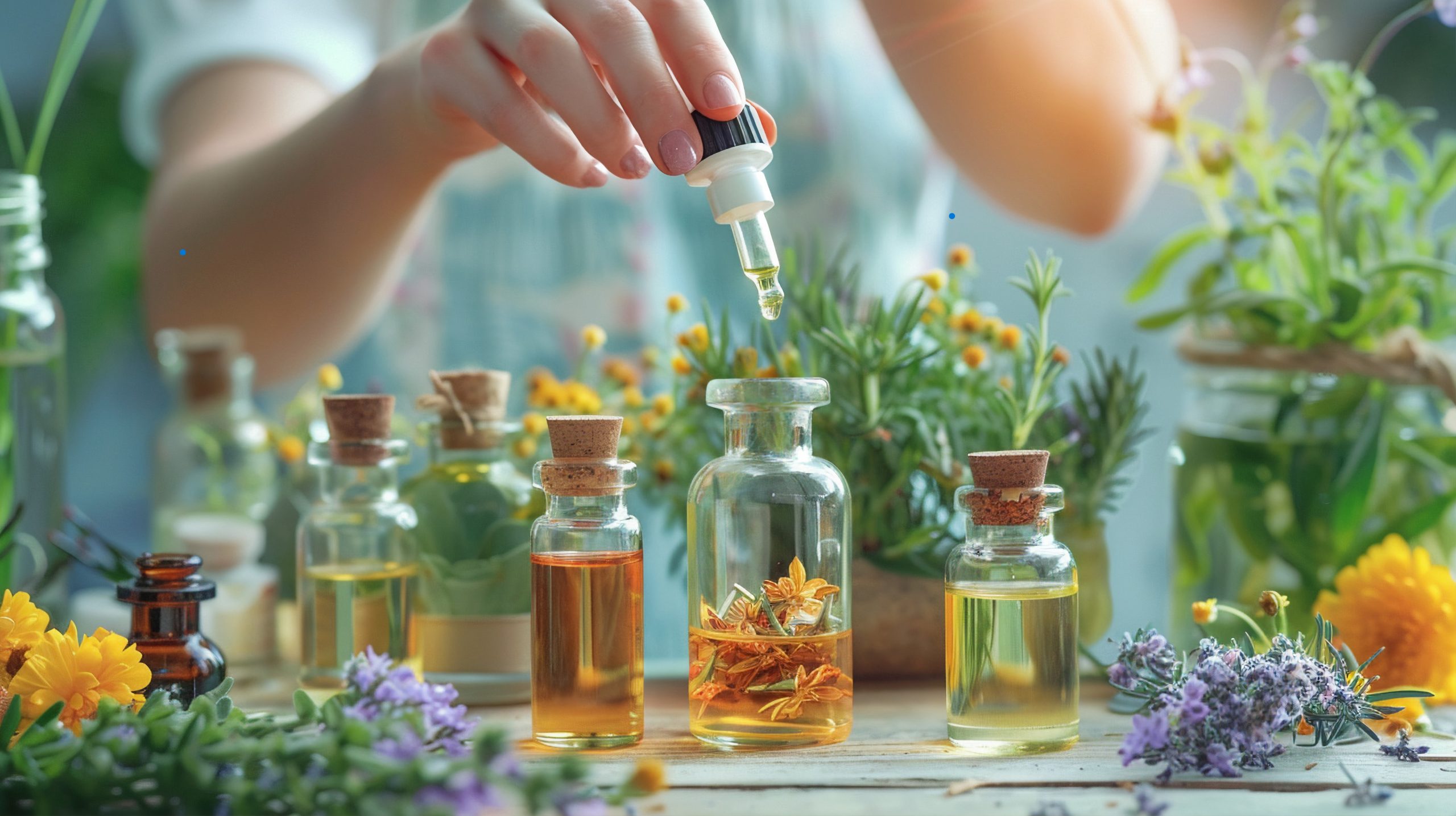 Collection of bottles of homemade summer perfume displayed on a table"