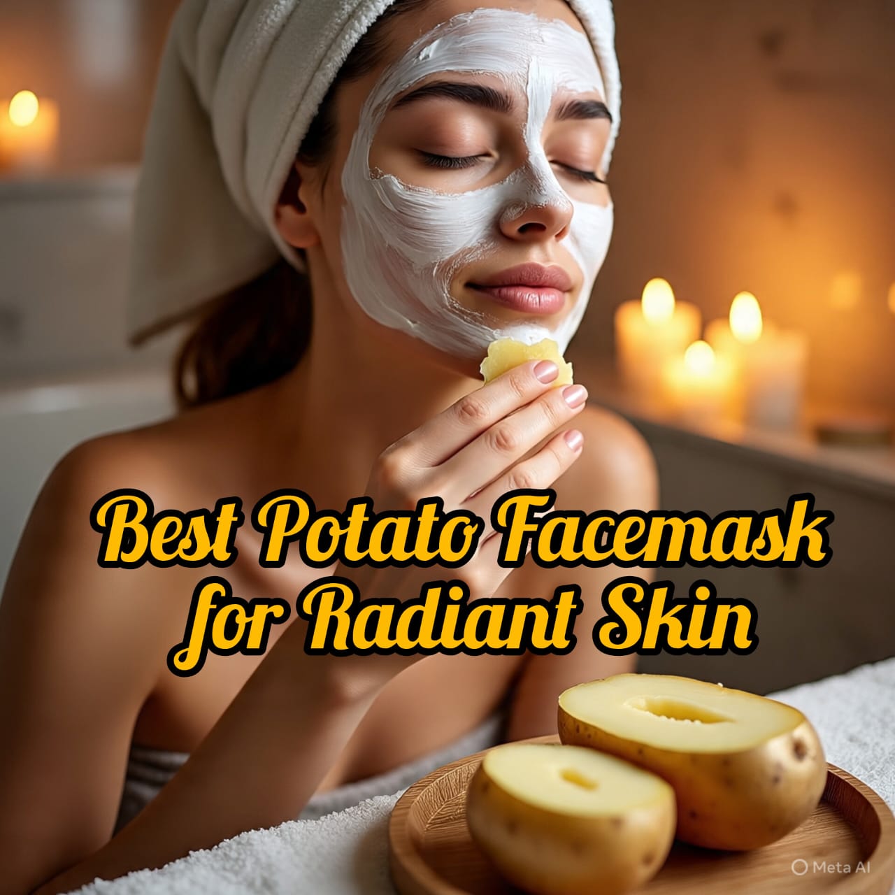 A woman is applying a potato face packs on her skin.