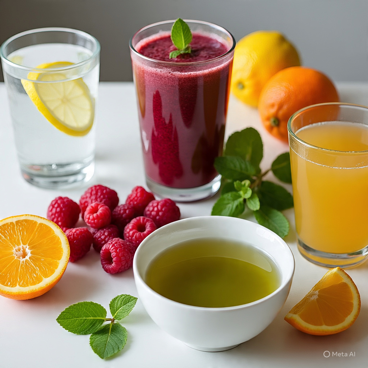 Collagen-boosting drinks including lemon water, berry smoothie, green tea, bone broth, and citrus juice arranged with fresh fruits for glowing, youthful skin.”