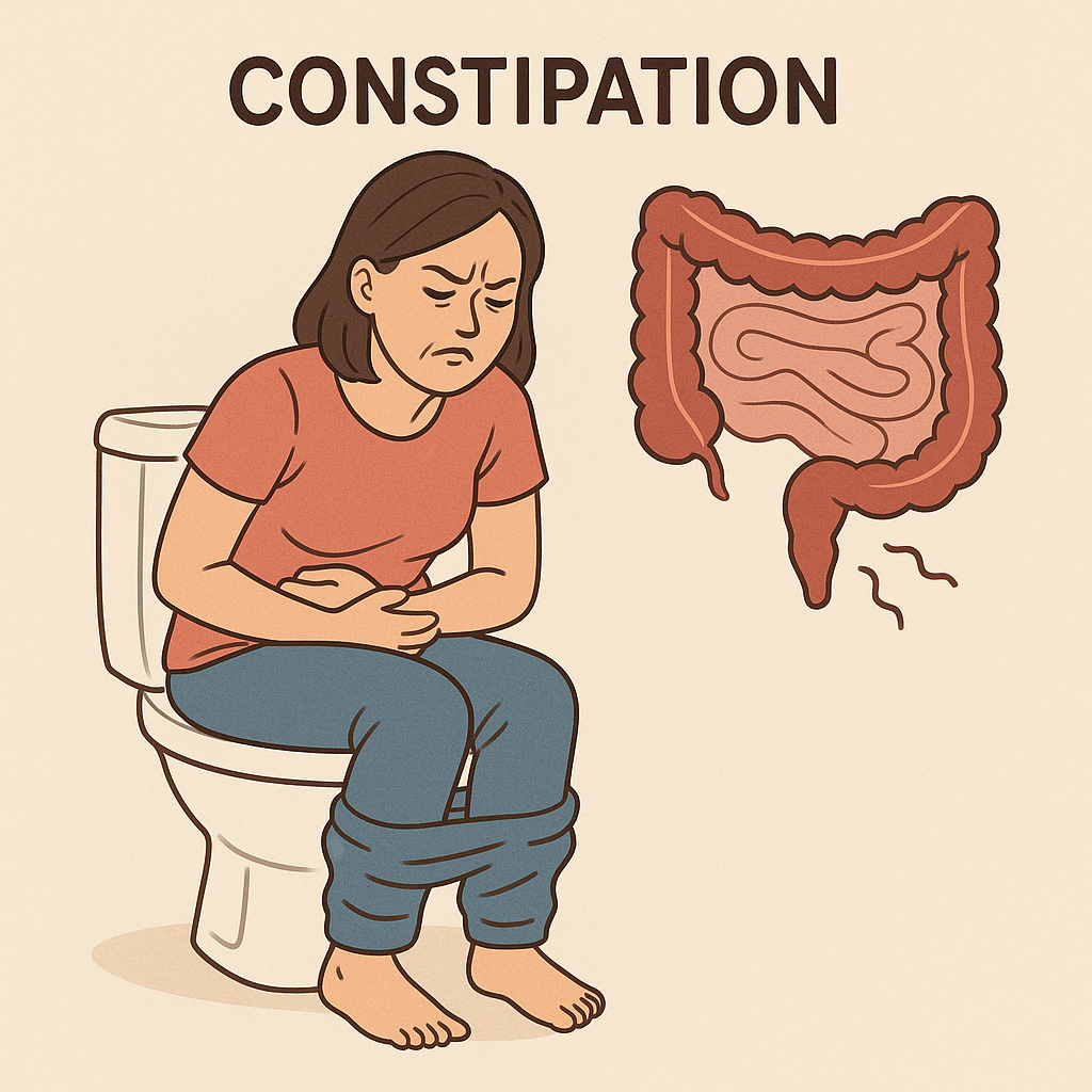 Woman experiencing constipation while sitting on a toilet, with an illustration of the human colon.